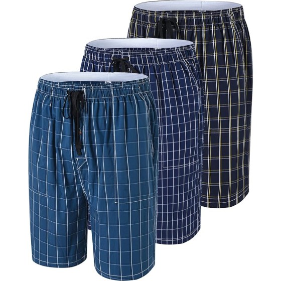 MoFiz Men's Plaid Pajama Shorts 3-Pack Cotton Sleep Lounge Shorts Lightweight Soft Summer Nightwear with Pockets Button Fly