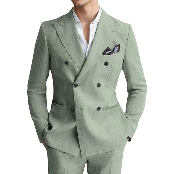 Linen Mens Suit 2 Piece Double Breasted Suit Blazer Pants Set Slim Fit Casual Summer Beach Wedding Linen Tuxedo Men