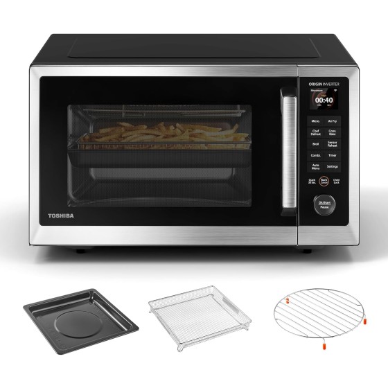 TOSHIBA P05 Combo Countertop Microwave Oven, with 2.4-Inch Color Screen, Origin Inverter Technology, Smart Sensor, Compatible with Alexa, 1100W, Air Fryer, 1.3 Cu.Ft, Silver