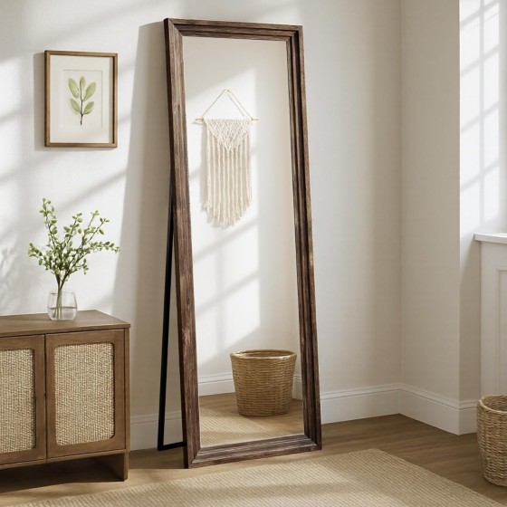 Rustic Full Length Floor Mirror with Stand, 63"x21" Mirror with Wood Frame for Bedroom, Farmhouse Wall Decor for Women