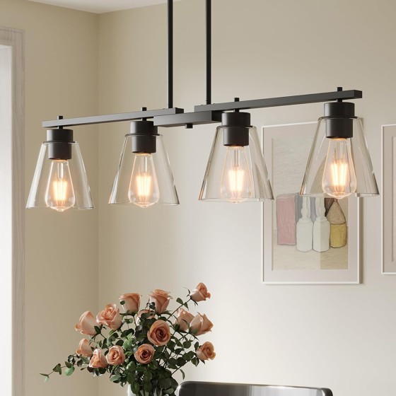 Tribesigns Dining Room Light Fixture, 4-Light Kitchen Island Lighting Chandeliers, Black Metal Pendant Lighting with Adjustable Height and Clear Glass Shade for Dining Table Kitchen Island Living Room