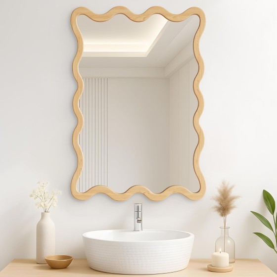 36"x24" Wavy Wall Mirror, Natural Wood Frame Vanity Mirror for Bathroom, Bedroom, Entryway, Japandi Organic Decor