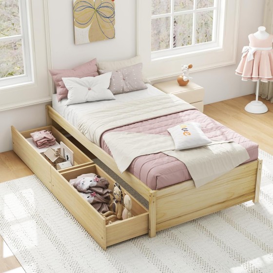 Giantex Twin Bed Frame with 2 Storage Drawers, Solid Wood Platform Bed with Slats Support, Heavy Duty Daybed with Storage, No Box Spring Needed, Twin Bed Frames for Kids Teens Adults Guests