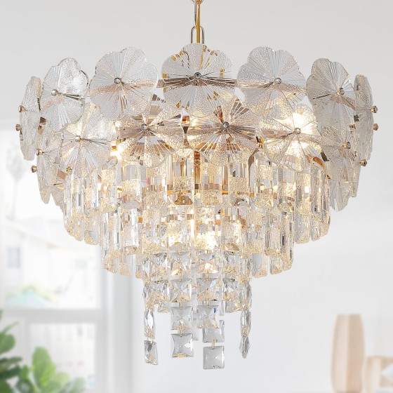 Modern Flower Crystal Chandelier 20" Gold Light Fixtures 9-Light Chandelier 5 Tiers K9 Crystal Round Lighting for Dining Room Bedroom Kitchen Island Living Room Foyer Entryway, E12
