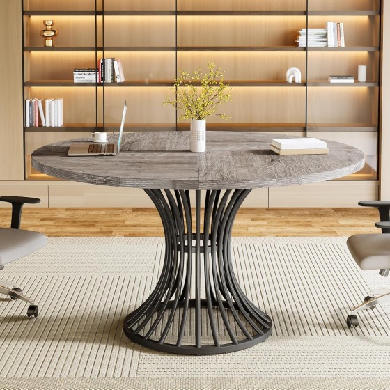 Tribesigns Round Conference Table for 4-6, 47-Inch Conference Room Table with Thickened Tabletop and Metal Base, Industrial Meeting Table for Office Meeting Room, Rustic Brown